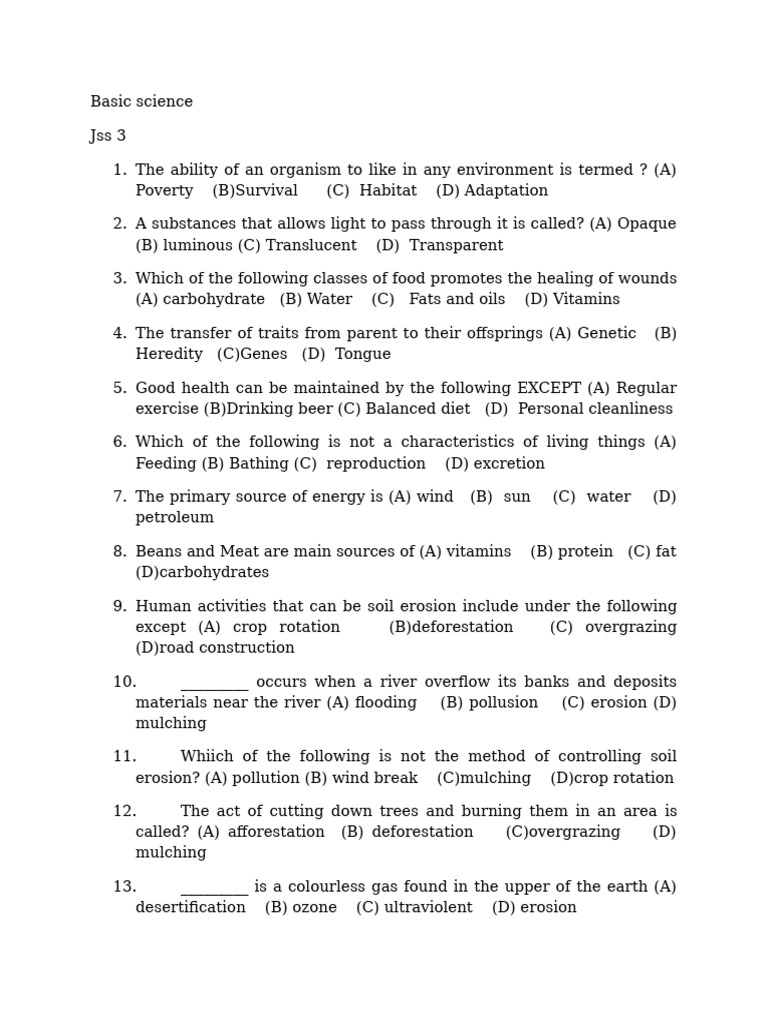Basic Science and Arts Quiz for JSS Students | PDF | Agriculture | Pest ...