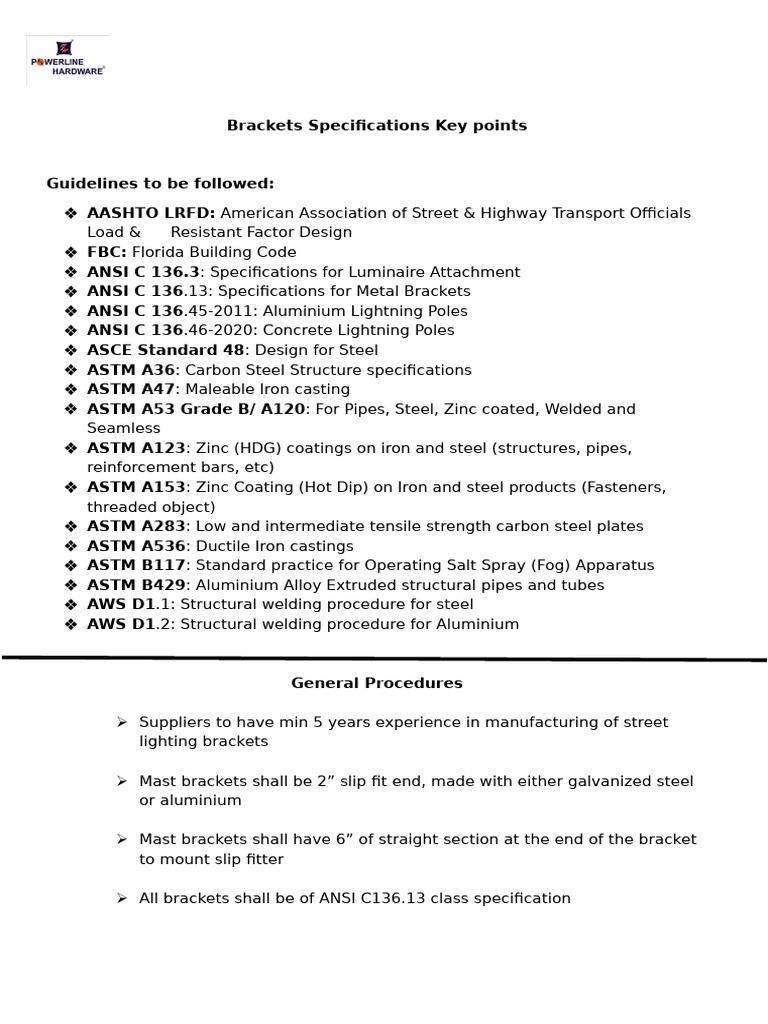 Brackets Specifications Key Points | PDF | Steel | Pipe (Fluid Conveyance)