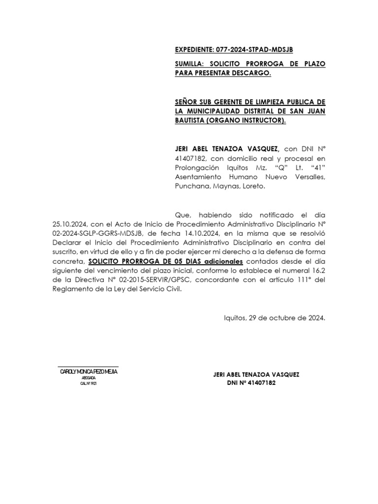 Solicitud de Prórroga para Descargo | PDF
