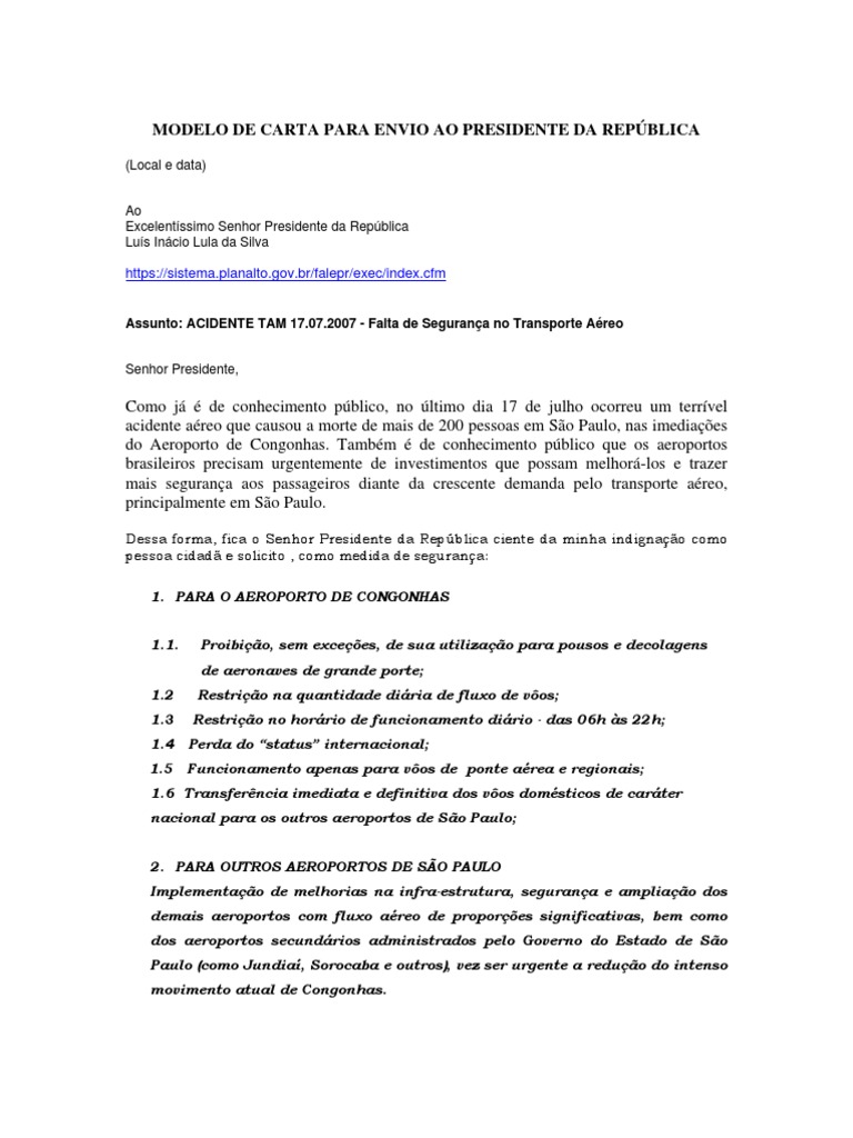 Modelo de Carta Para Presidente Da Republica Modelo de Carta Para Presidente Da Republica