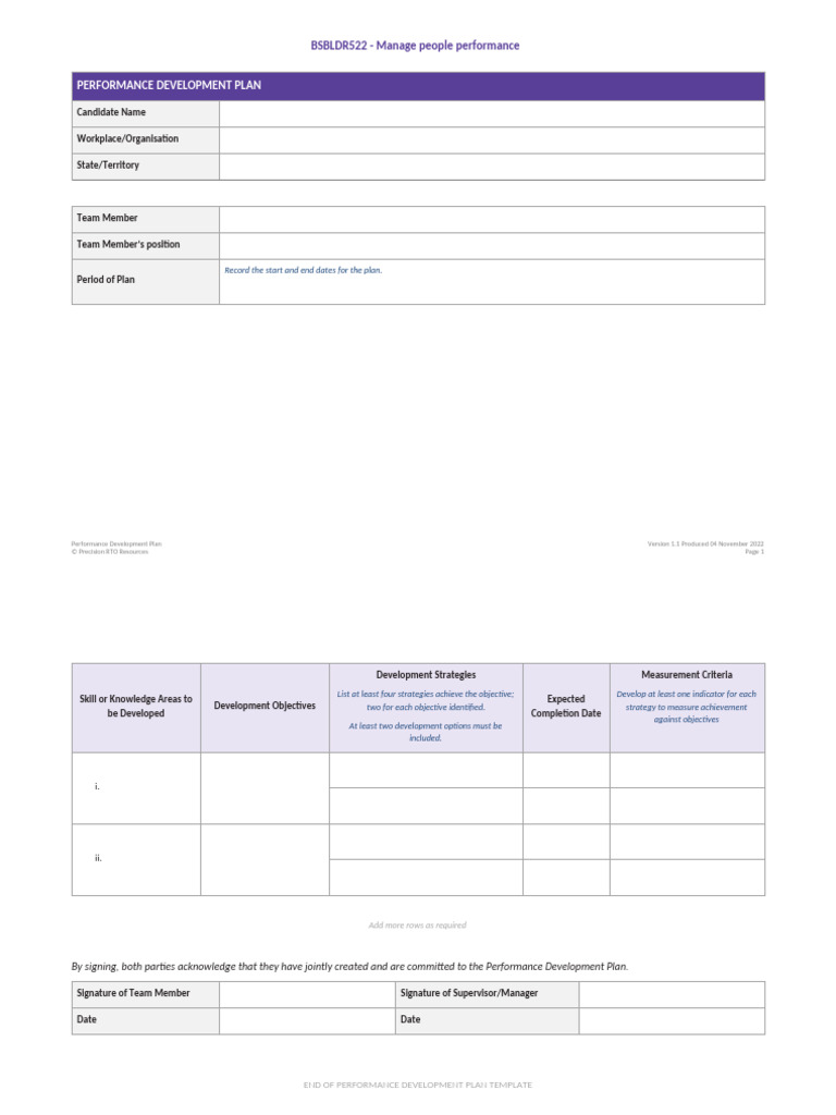 BSBLDR522 Performance Development Plan Template | PDF