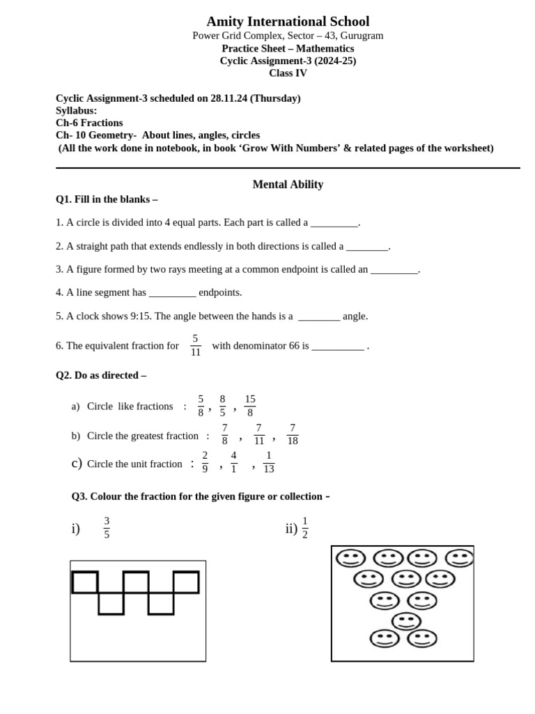 Class IV Math Cyclic Assignment 2024-25 | PDF | Circle | Angle