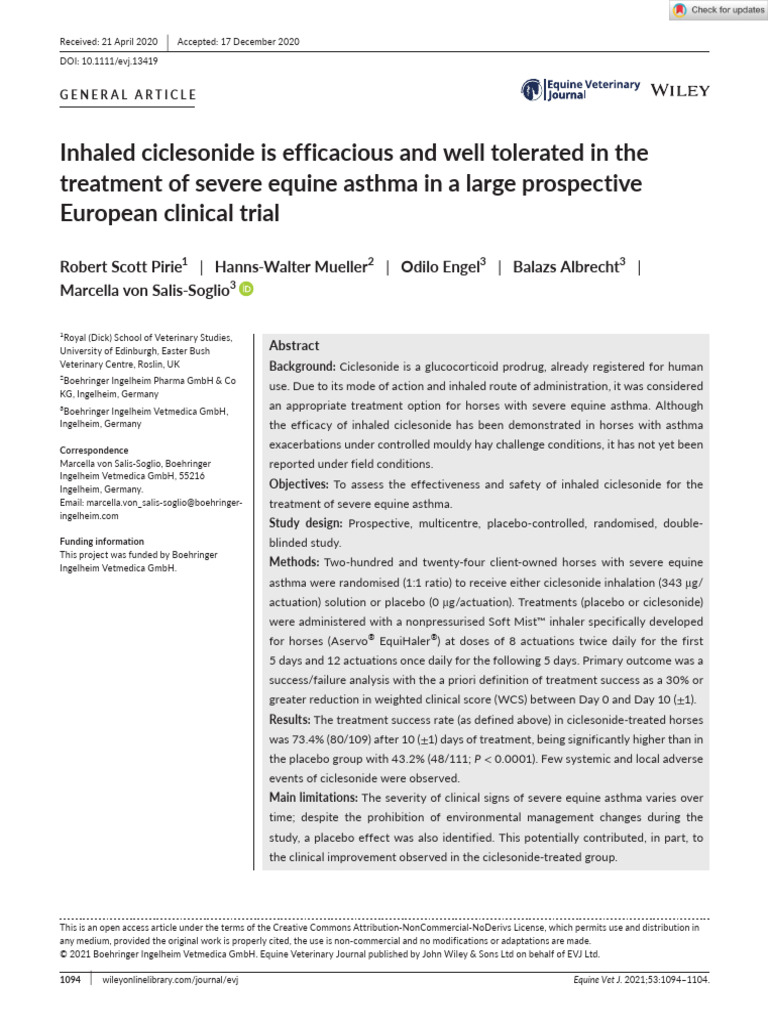 Equine Veterinary Journal - 2021 - Pirie - Inhaled Ciclesonide Is ...