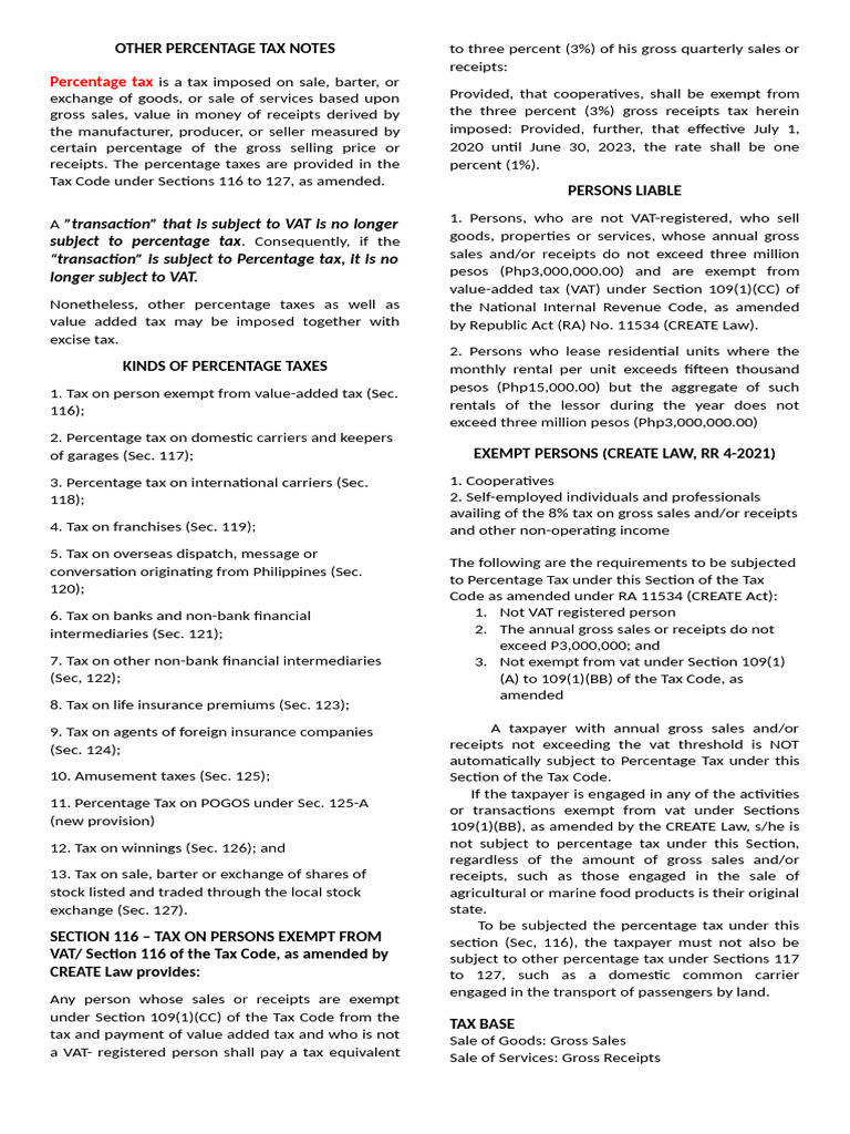 Overview of Percentage Tax Regulations | PDF | Value Added Tax | Taxes