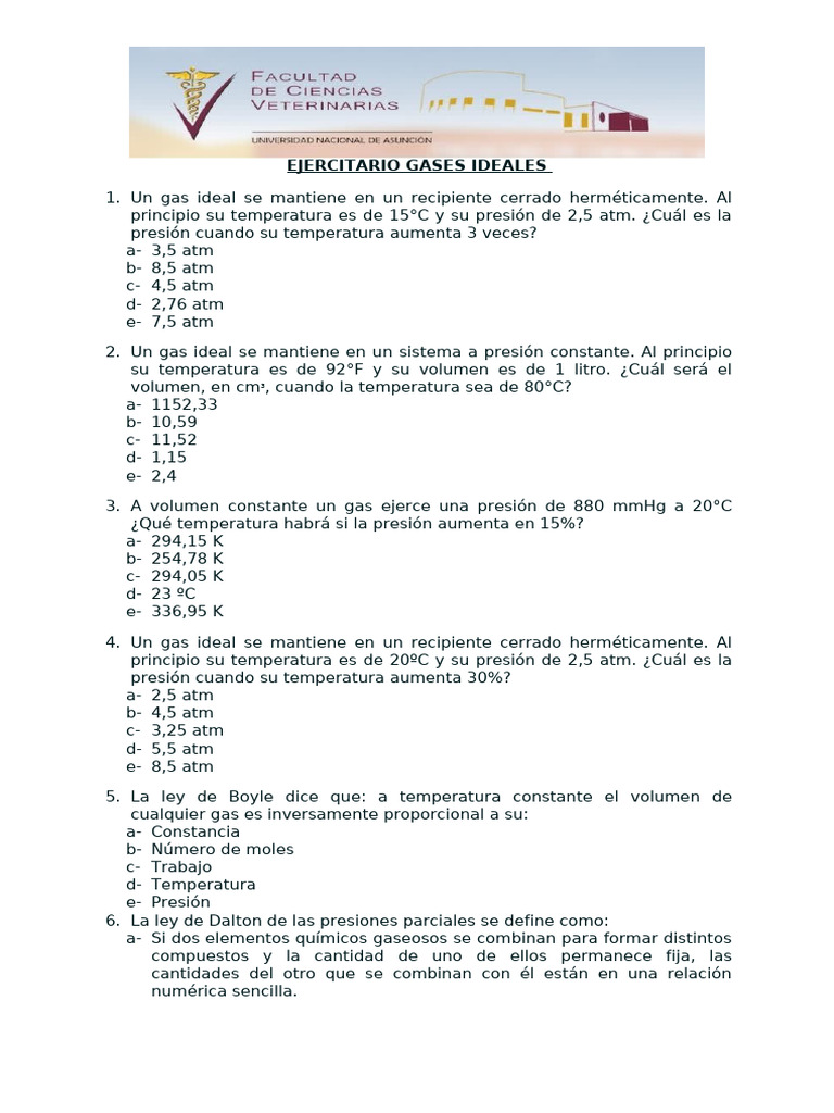 Ejercicios sobre Gases Ideales y Leyes | PDF | Gases | Tecnologías de gas