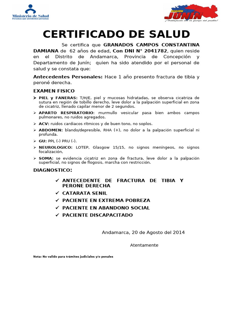 Certificado de Salud de Constantina Granados | PDF