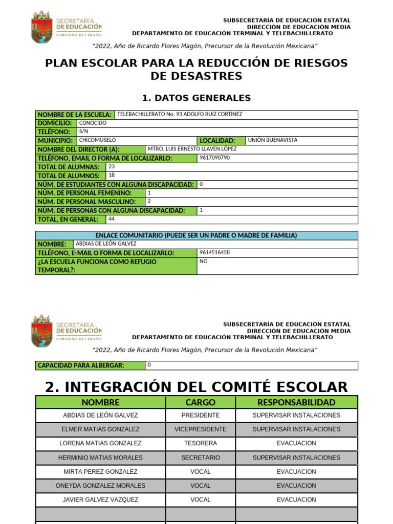 Plan Escolar de Riesgos en Telebachillerato | PDF | Defensa Civil