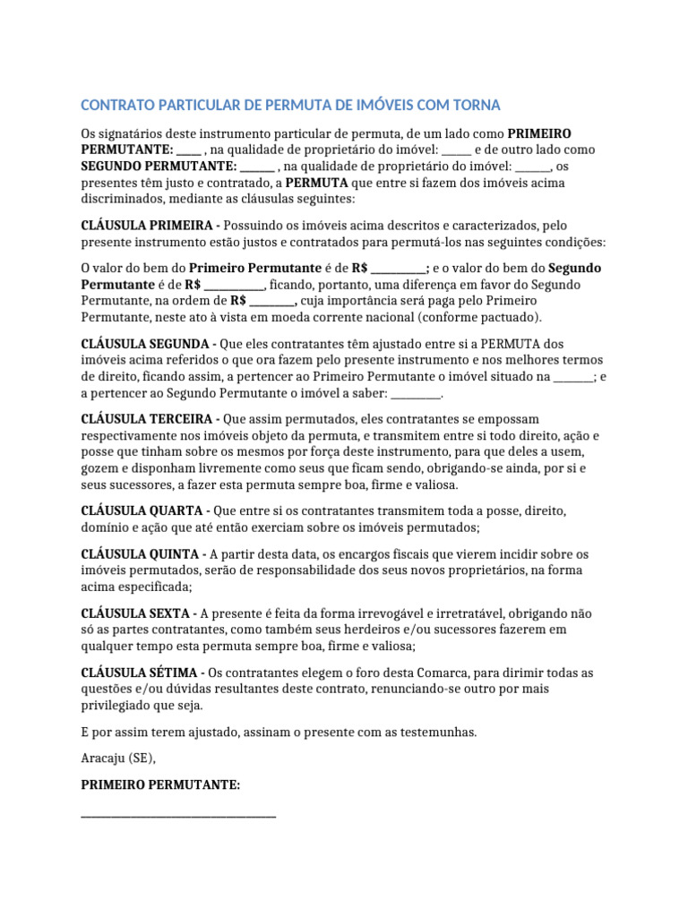 Contrato de Permuta de Imóveis com Torna | PDF | Propriedade privada ...