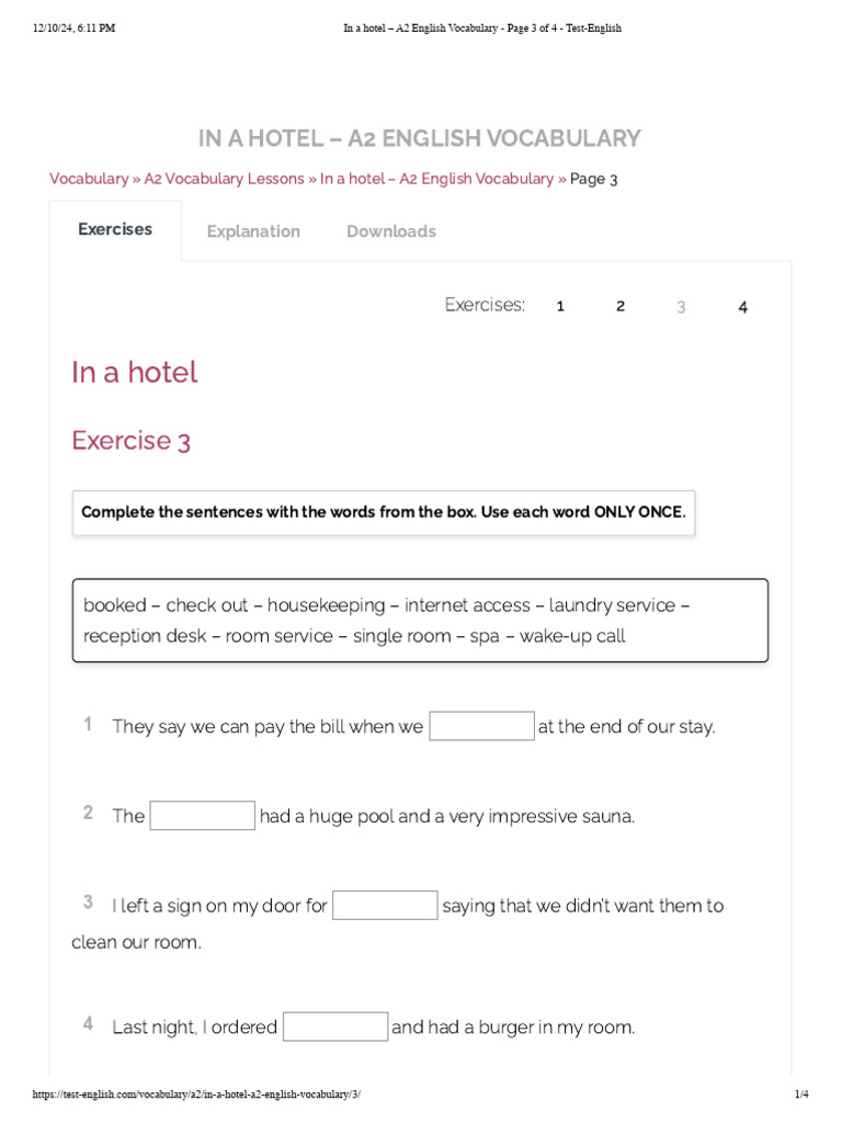 In A Hotel - A2 English Vocabulary - Page 3 of 4 - Test-English | PDF
