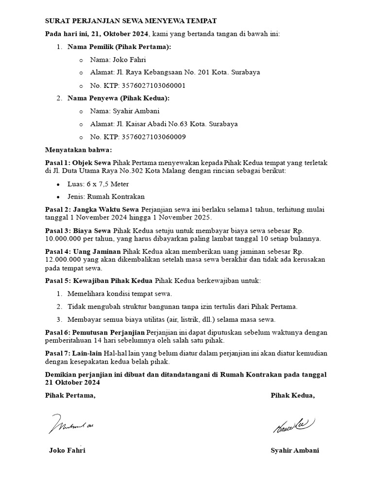 Perjanjian Sewa Rumah Malang 2024 | PDF