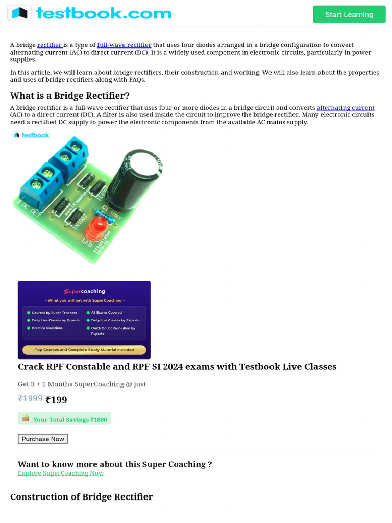 Bridge Rectifier_ Circuit Diagram, Construction, Working, Uses (1) | PDF