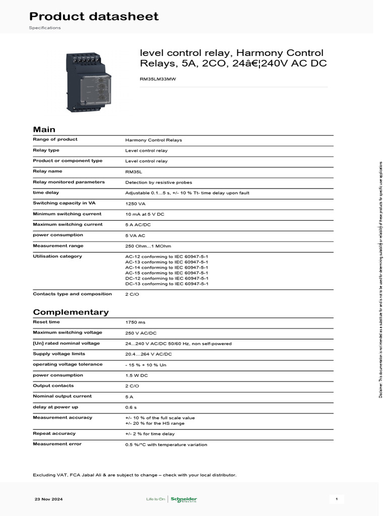 Level Control Relay Specifications | PDF | Relay | Mains Electricity
