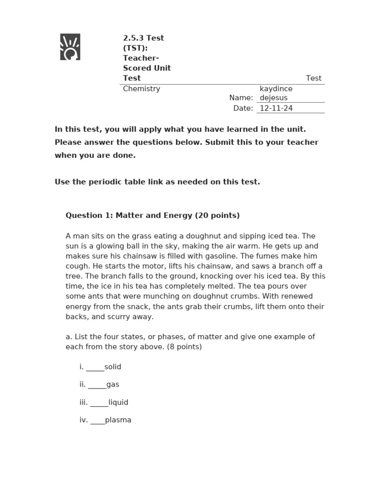2.5.3 Test (TST) - Teacher-Scored Unit Test (Test) | PDF | Atoms ...