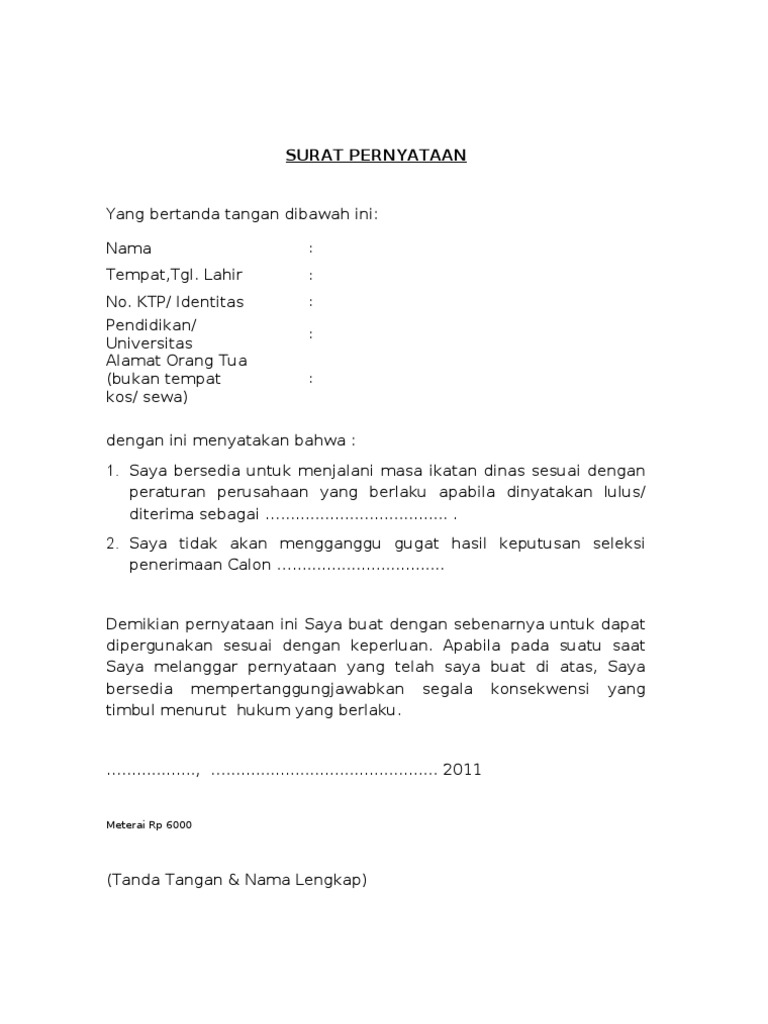 Contoh Surat Pernyataan Dinas