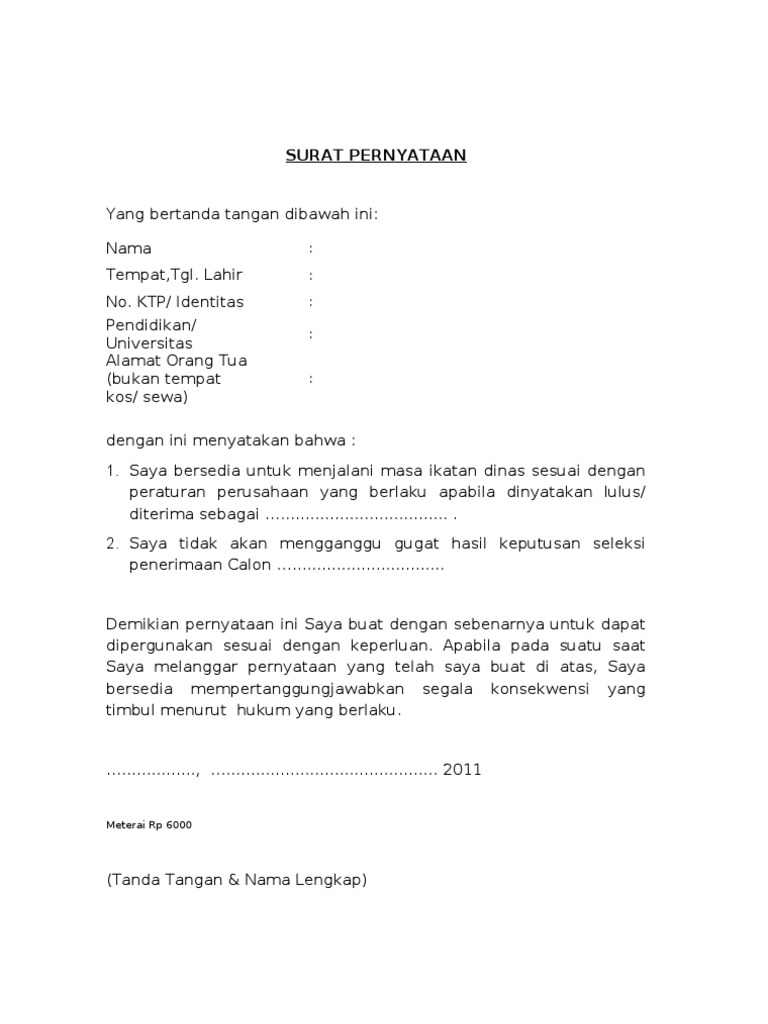 Contoh Surat Pernyataan Peserta Ikatan Dinas An