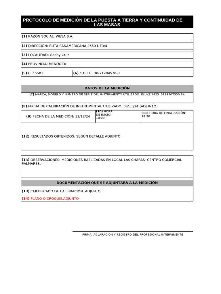 1426-24 WESA Protocolo de Medicion - PaT LAS CHAPAS 12-12-24 | PDF ...