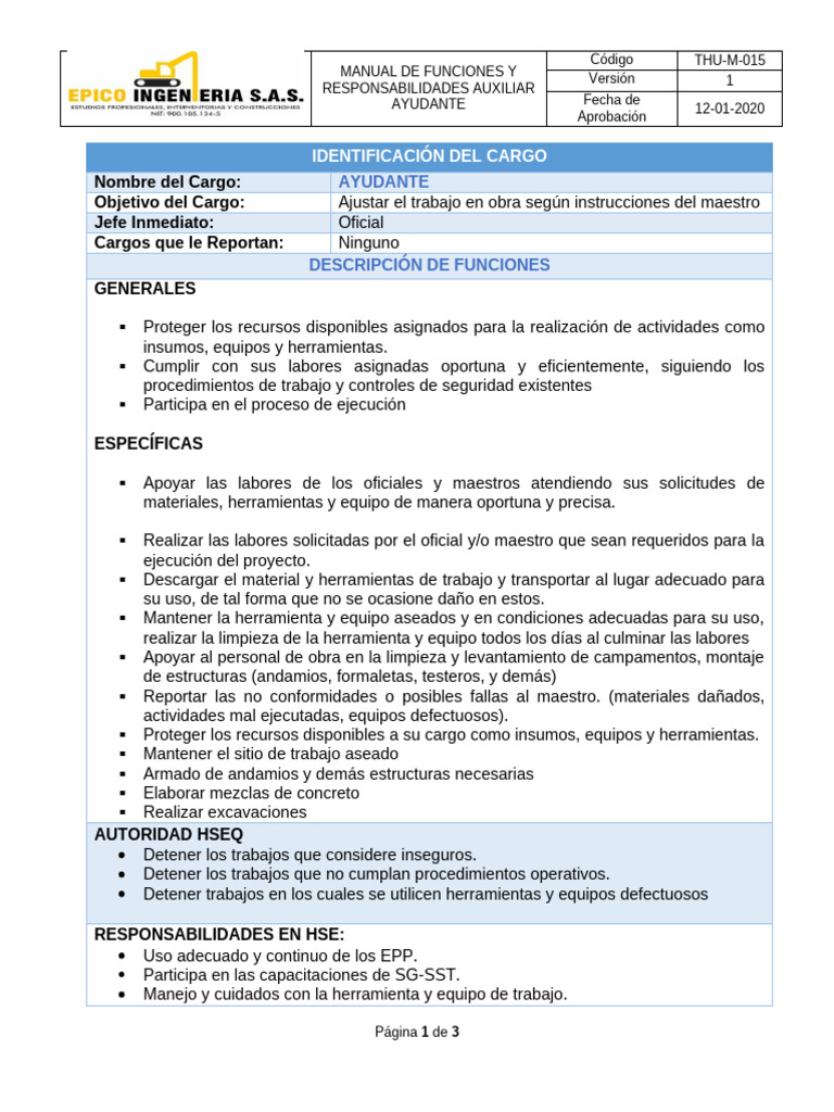 Manual de Funciones Ayudante 015 | PDF