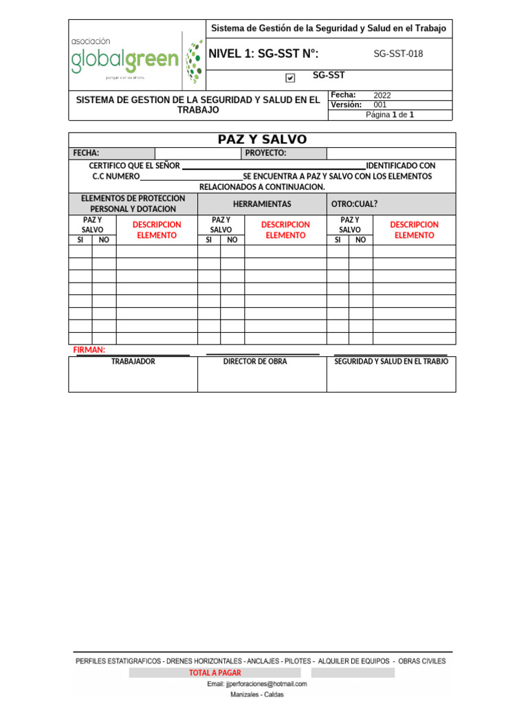 Certificación Paz y Salvo SG-SST 2022 | PDF