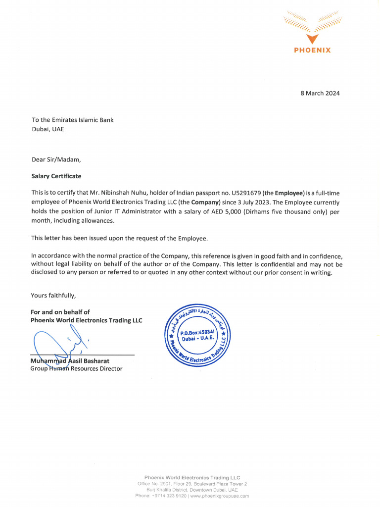 Salary Certificate Nibinshah Nuhu EIB March 2024 PDF