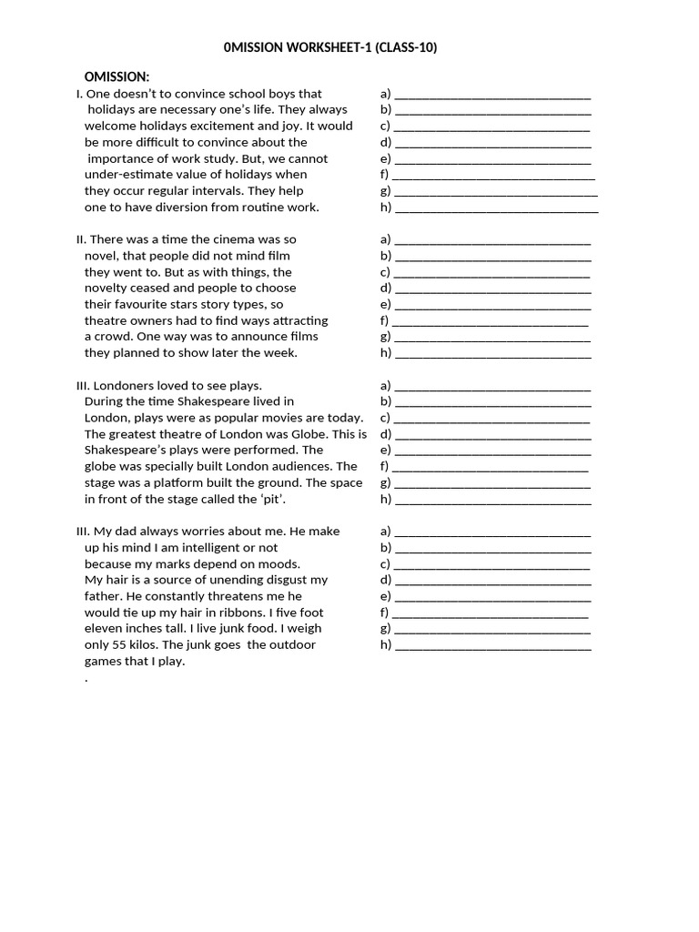 Class 10 Omission Worksheet Guide | PDF