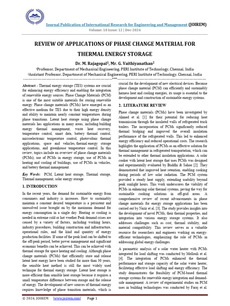 Review of Applications of Phase Change Material For Thermal Energy ...