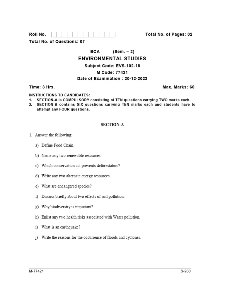 BCA 2nd Sem Environmental Studies Exam | PDF | Ecosystem | Biodiversity