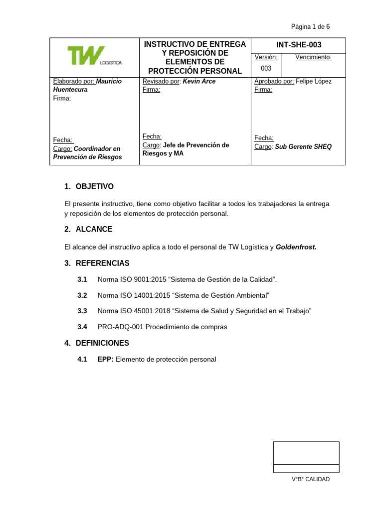 INT-SHE-003 - 003 Entrega y Reposición de EPP - Vigente | PDF