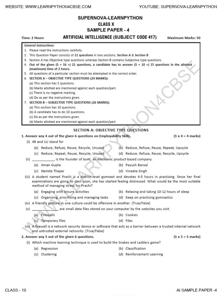 Class 10 AI Sample Question Paper | PDF | Machine Learning | Artificial ...