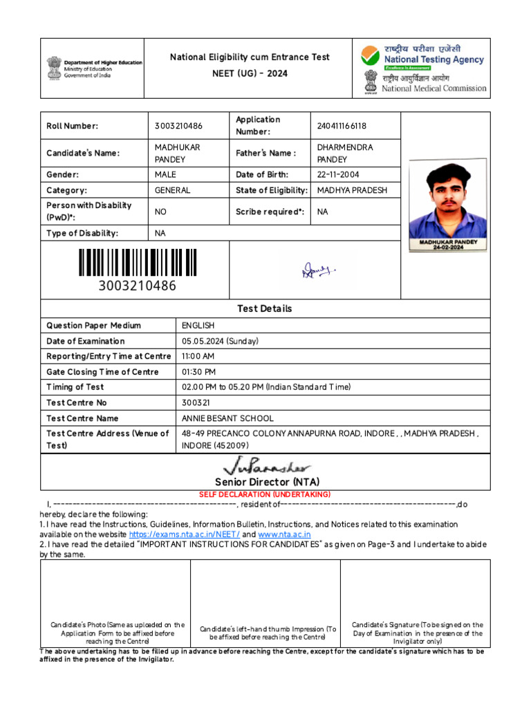 NEET 2024 Admit Card Instructions | PDF | Identity Document