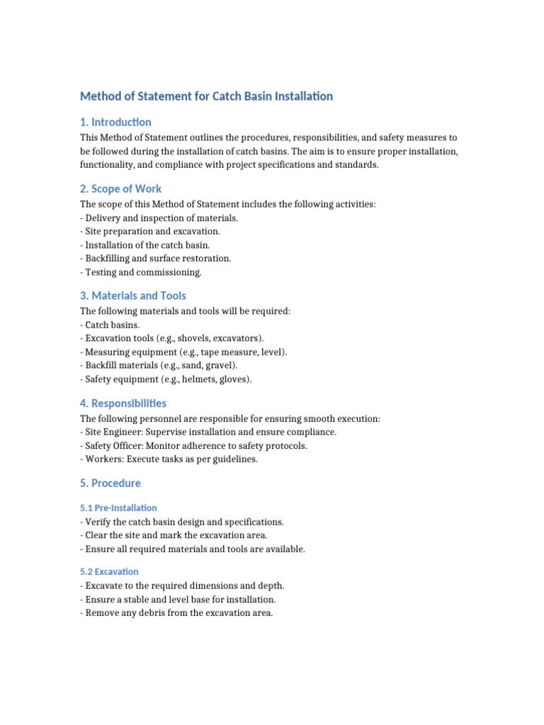 Catch Basin Installation Method Statement | PDF | Personal Protective ...