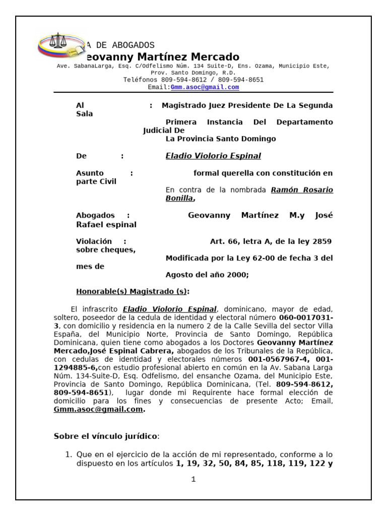 Querella por Cheque Sin Fondos en RD | PDF | Cheque | Bancos