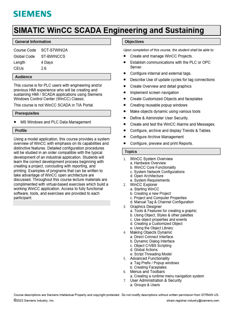 WinCC SCADA Engineering Course Overview | PDF | Programmable Logic ...