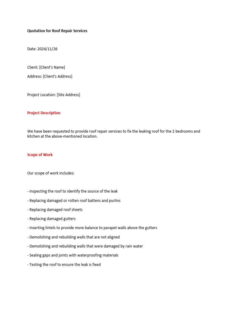 Roof Repair Quotation Sample | PDF
