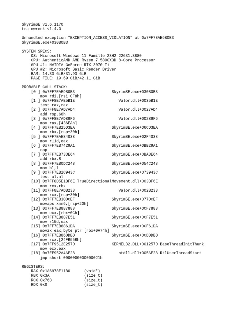 SkyrimSE Crash Report: Trainwreck v1.4.0 | PDF | Computing | Computer ...