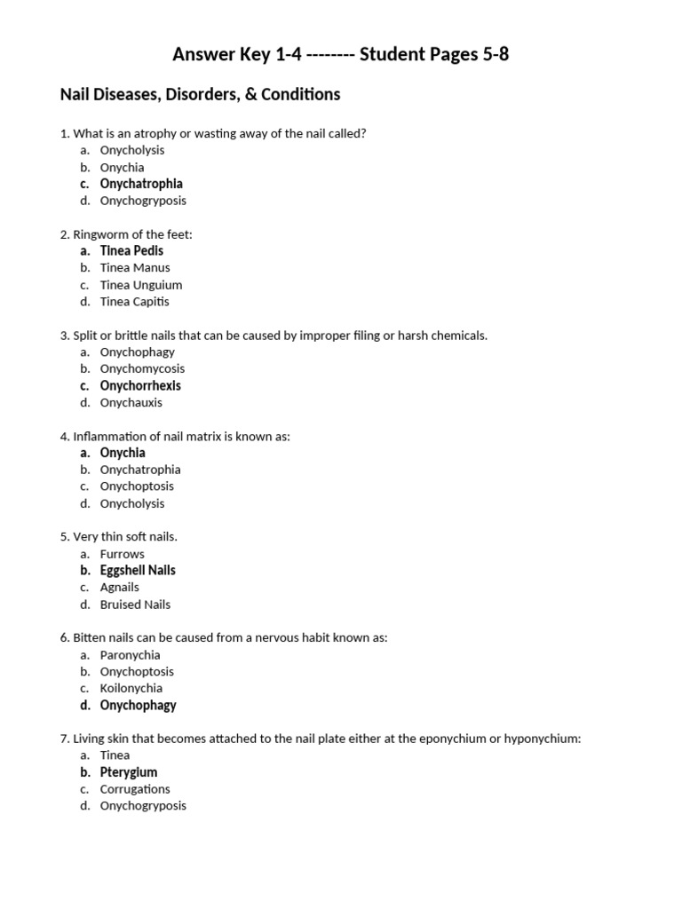 Answer Key 1-4 - Student Pages 5-8: Nail Diseases, Disorders ...