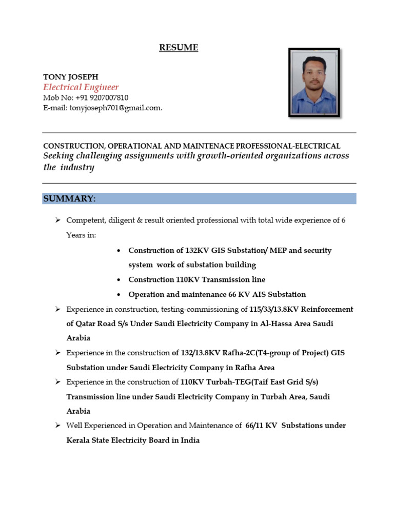 Electrical Engineer Resume Summary | PDF | Electrical Substation ...