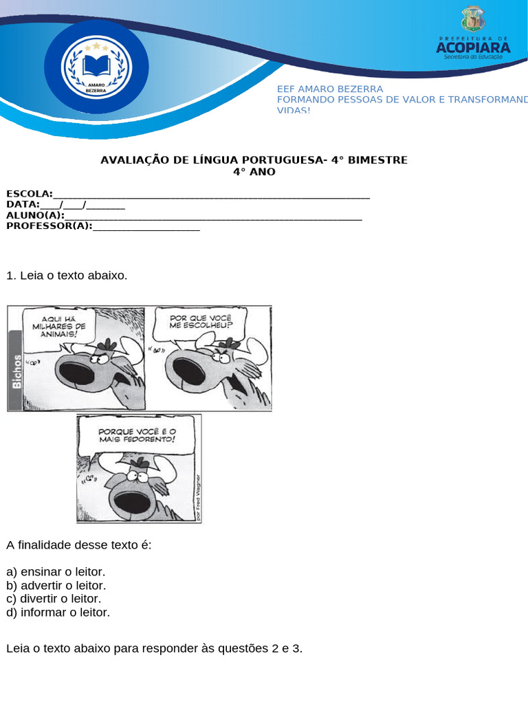 Avaliação de Língua Portuguesa 4º Ano | PDF