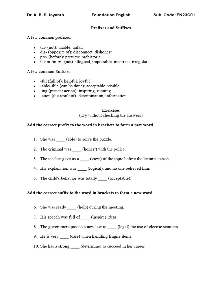 Prefixes and Suffixes Exercises | PDF