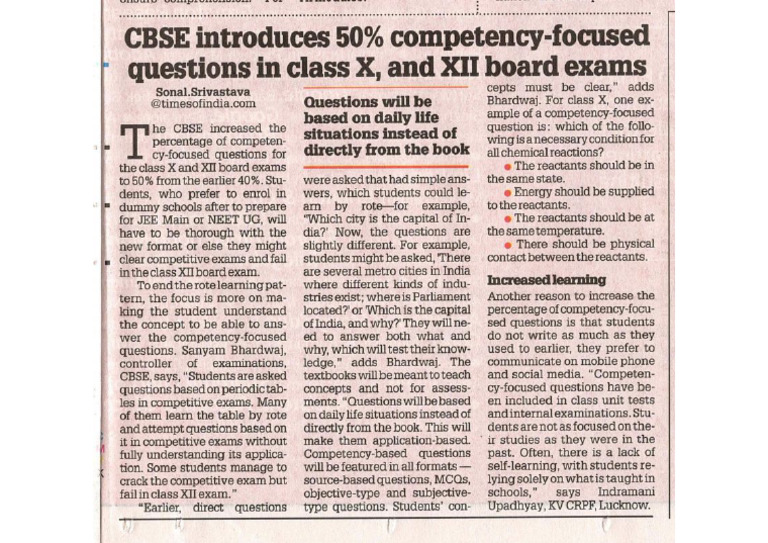 Article - CBSE Introduces 50% Competency Based Questions in Class X and ...