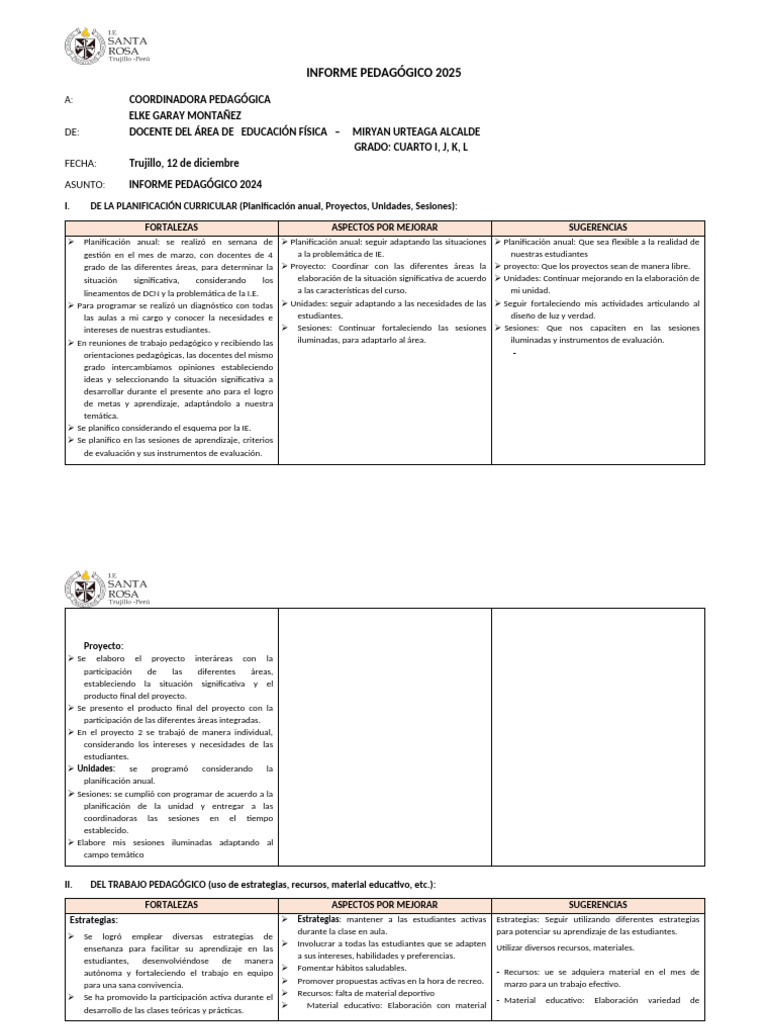 Informe Pedagógico 2024 Educación Física | PDF | Evaluación | Aprendizaje