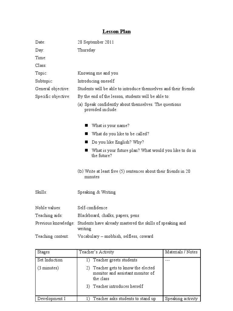Class 3 English Lesson Plan: Self-Introduction | PDF | Career & Growth ...