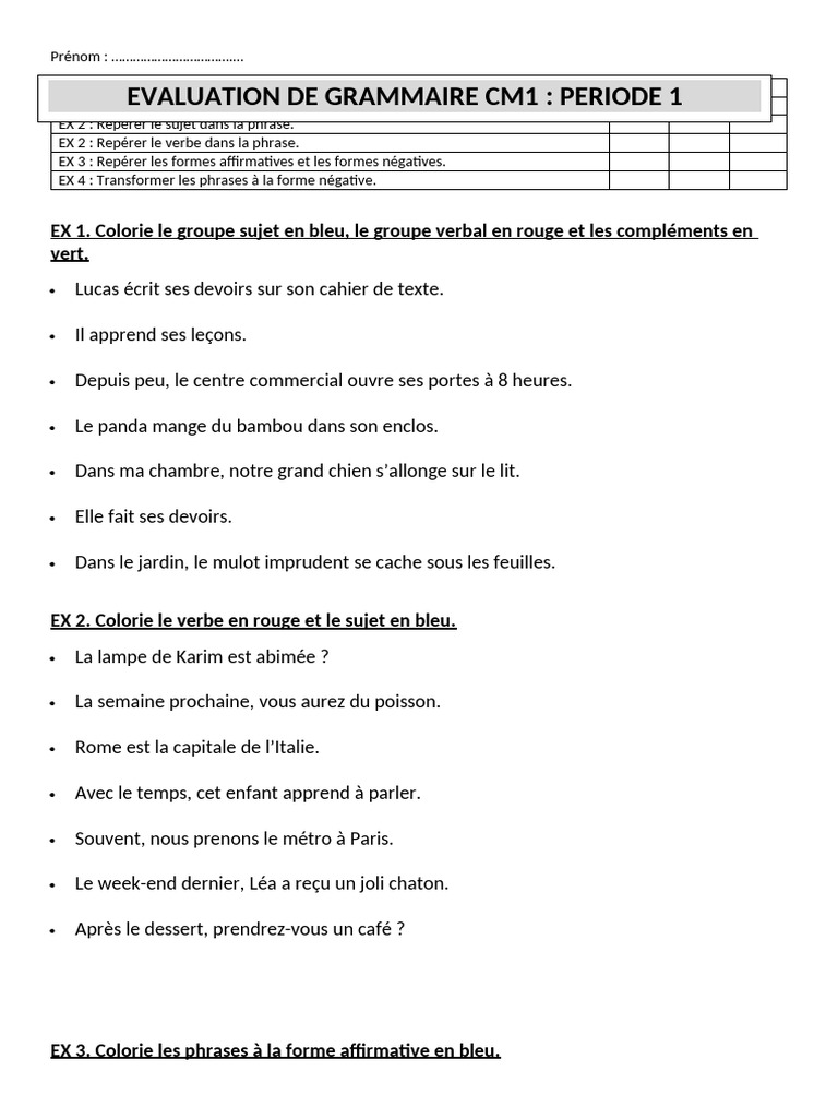 Évaluation de grammaire CM1 - Période 1 | PDF