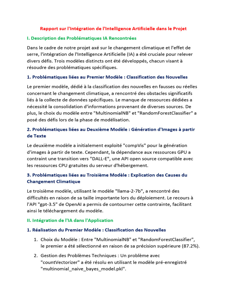 IA et Changement Climatique : Rapport d'Intégration | PDF ...