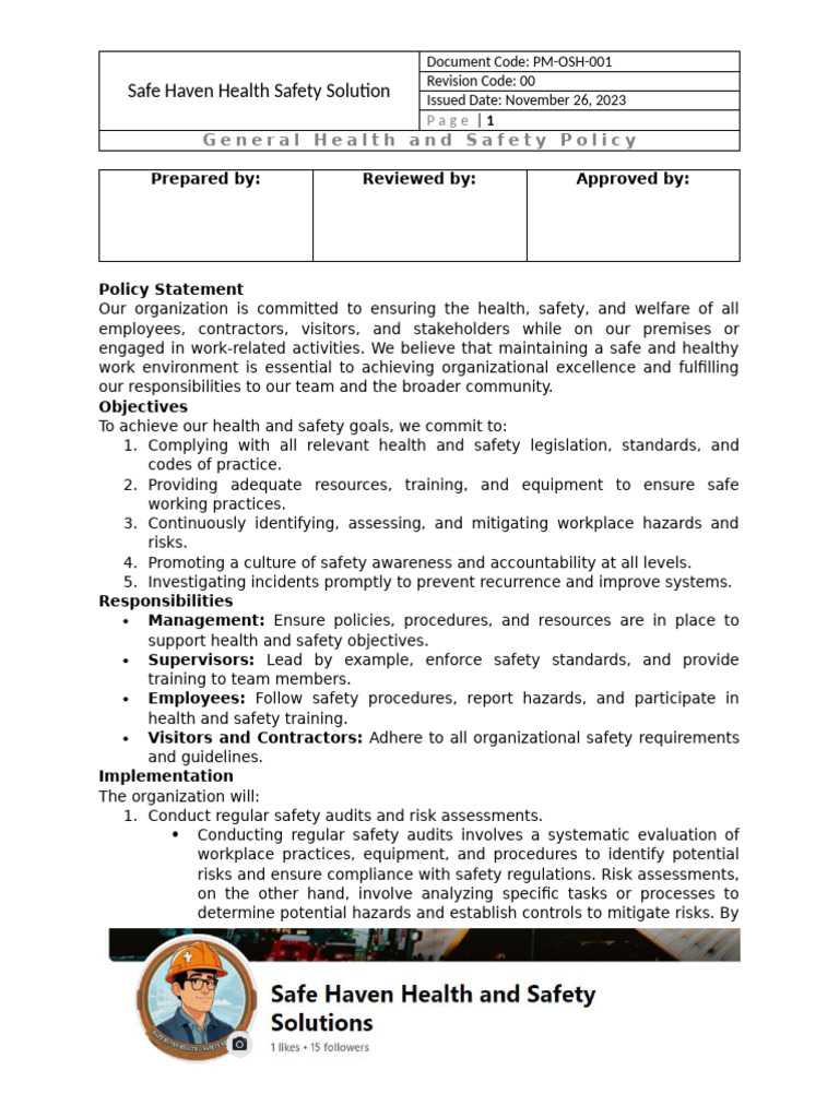 Health and Safety Policy Overview | PDF | Occupational Safety And ...