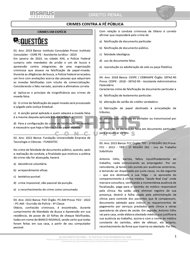 Questões sobre Crimes Falsos e Documentos | PDF | Crimes | Crime e ...