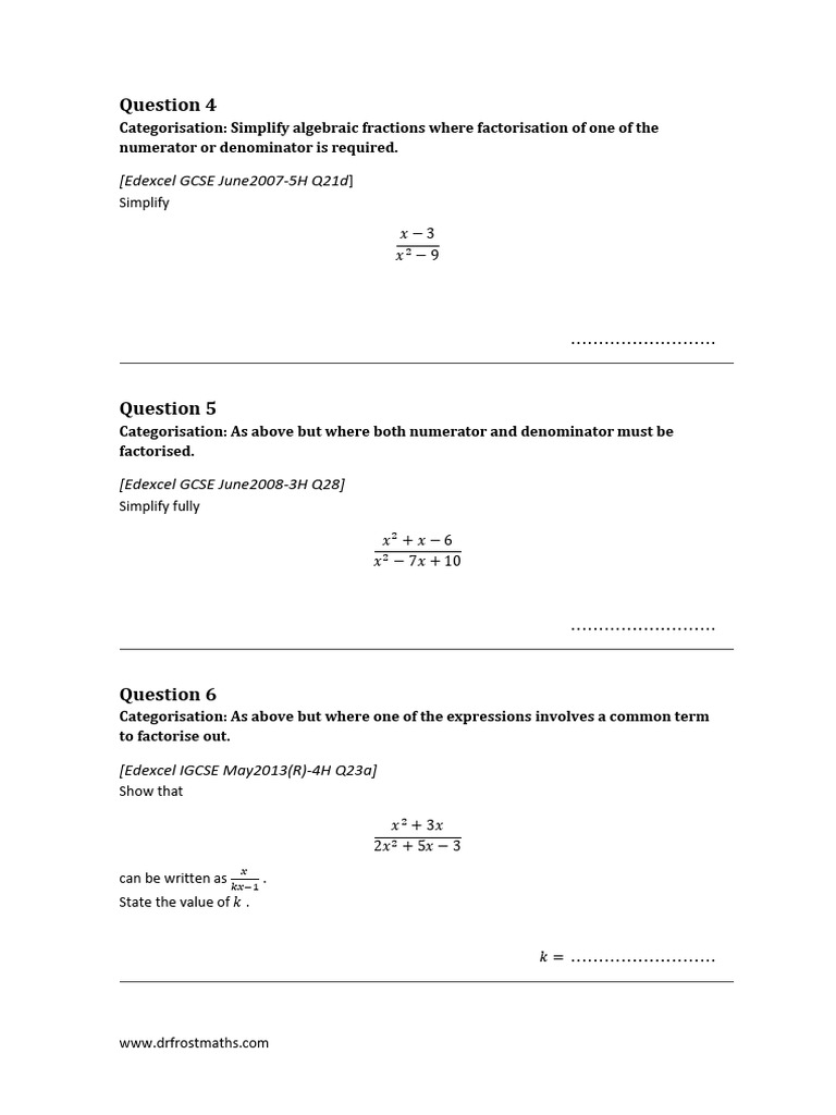 Algebraic Fractions Sheet 1 | PDF