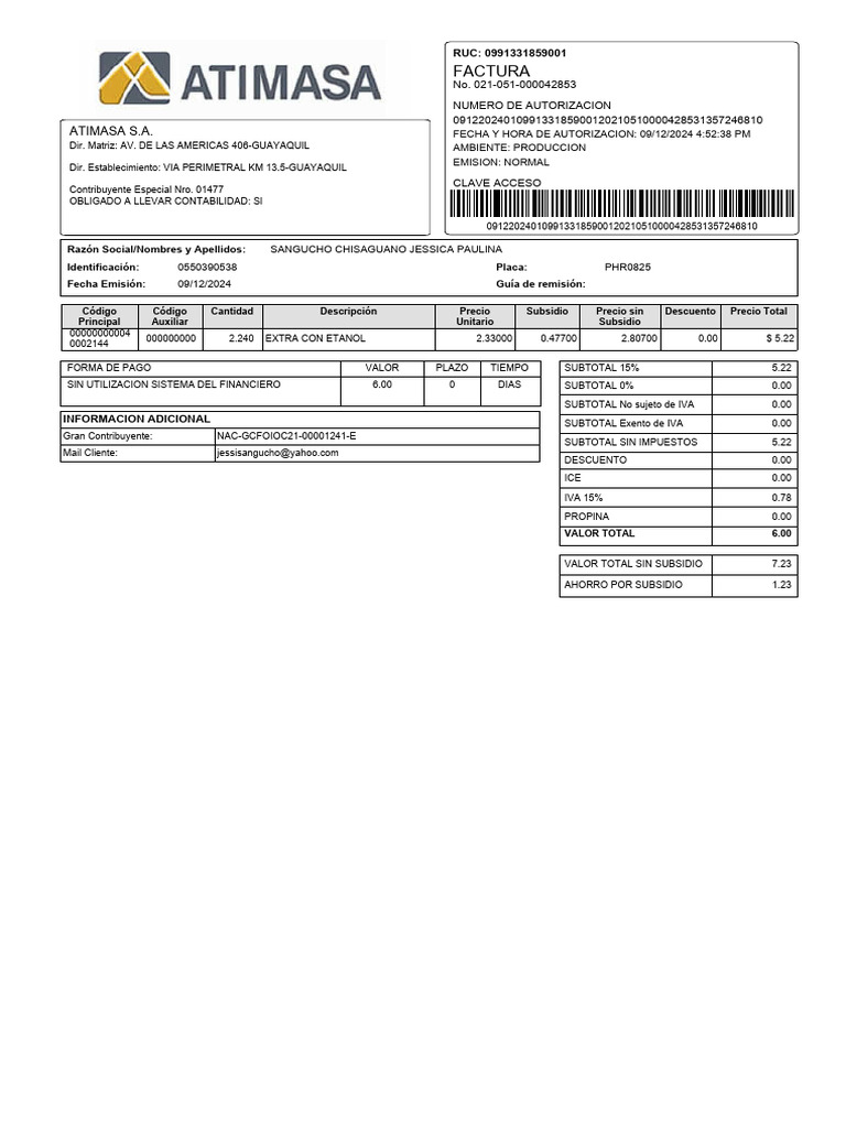 Atimasa Factura 021 051 000042853 | PDF | Finanzas del gobierno | Pagos