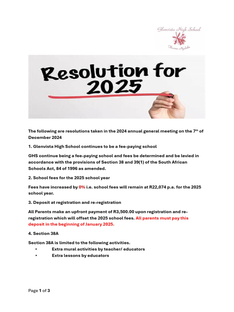 Glenvista High School Fees 2025 Resolutions | PDF
