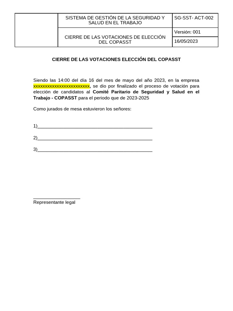 Cierre de Las Votaciones Elección Del COPASST | PDF