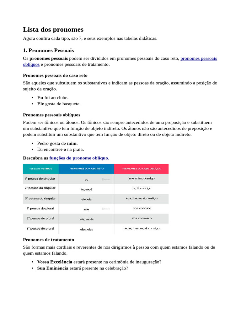 Tipos de Pronomes em Português | PDF | Pronome | Gramática